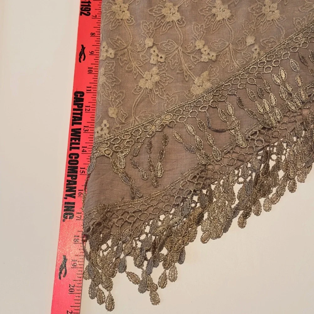 Miss Scarf QQ Triangle Wrap Taupe Lace Floral Fringe Boho Shawl OS Metallic Leaf